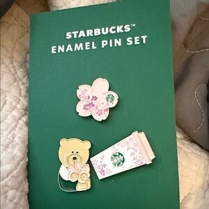 Starbucks Pink Cherry Blossom and Bear Enamel Pin Trio